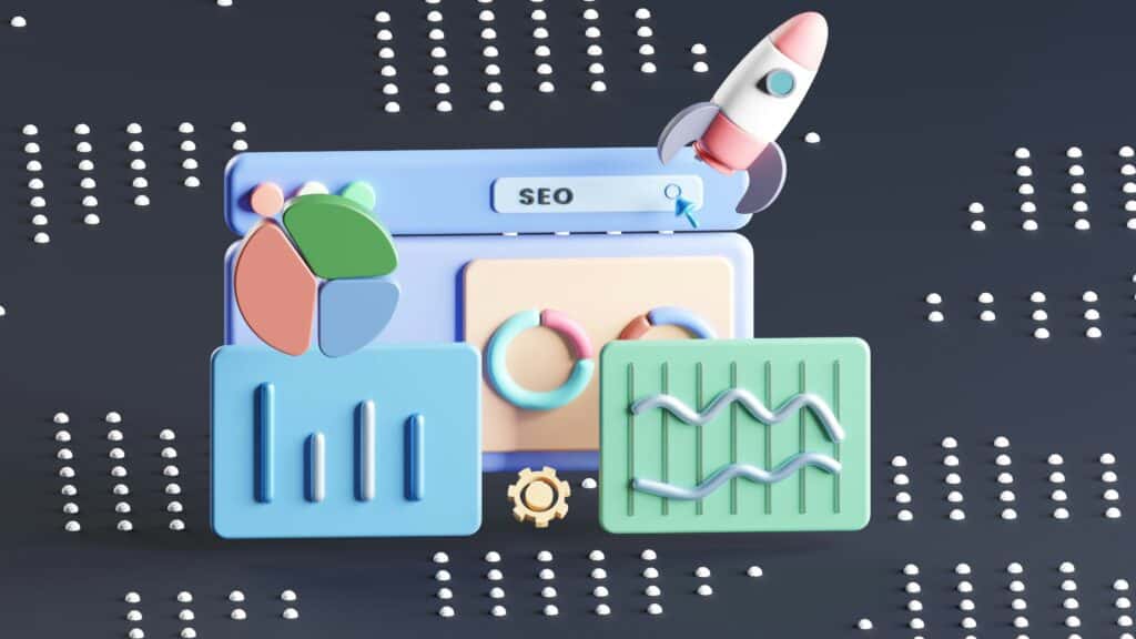 Illustration 3D d'un tableau de bord d'audit SEO affichant des graphiques de trafic, un engrenage technique et une fusée symbolisant la croissance digitale.