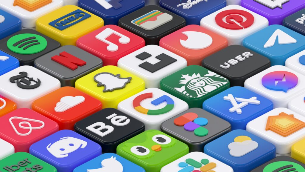 Grille d'icônes 3D représentant les principales applications et réseaux sociaux utilisés pour les campagnes Social Ads.